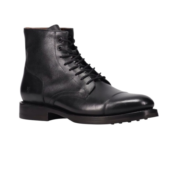 FRYE Seth Cap Toe Lace Up Boots Mens Black Leather